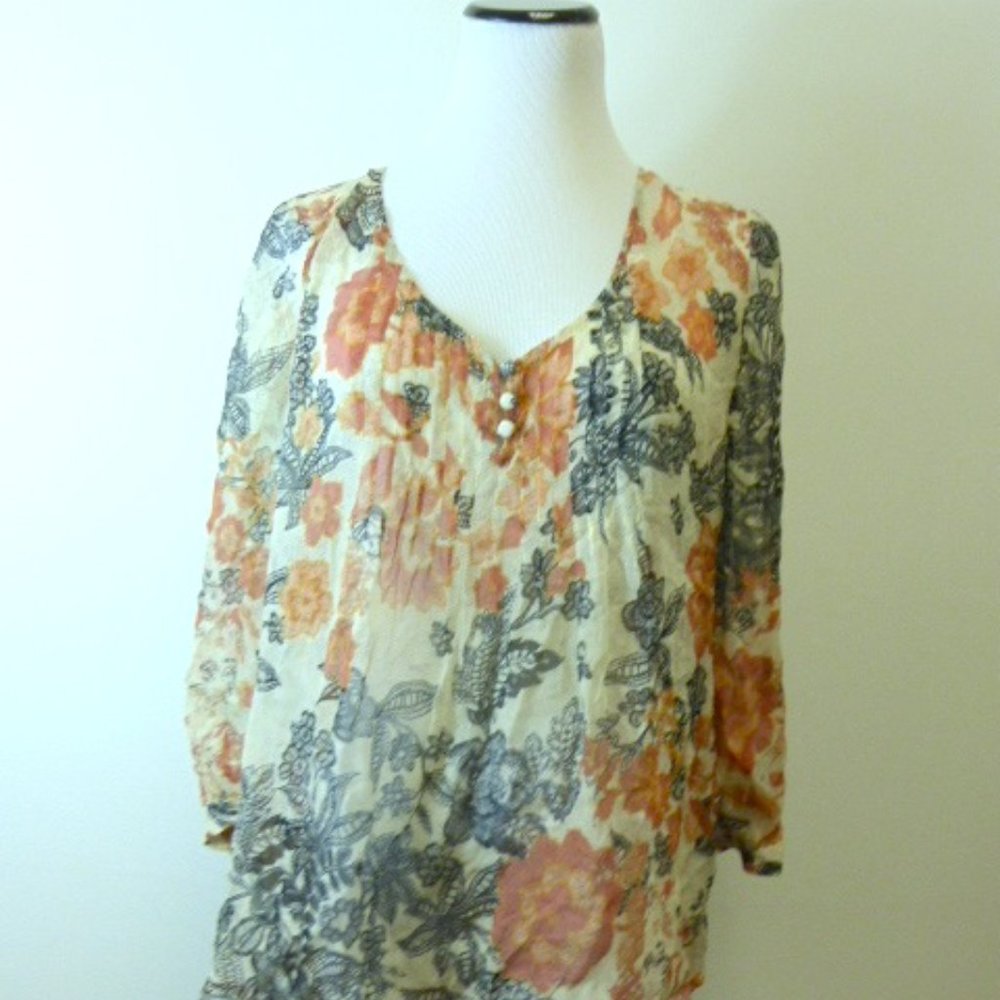 LUCKY BRAND Floral TOP scoop neck boho loose fit tunic sheer M hippie
